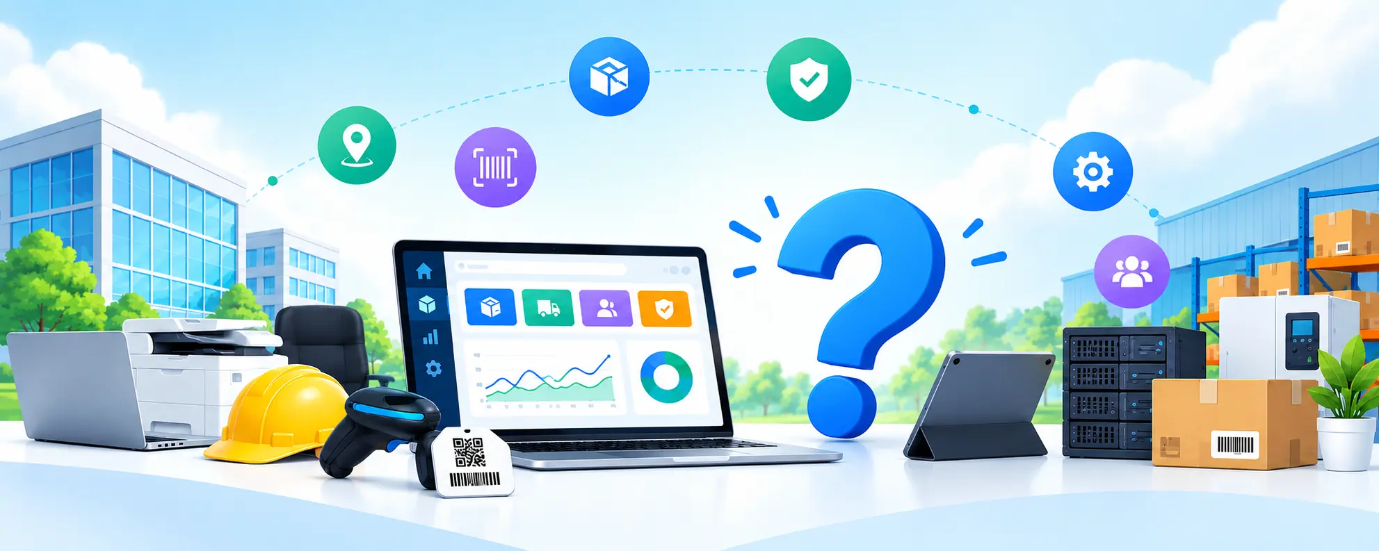 Asset management system dashboard tracking assets with barcode, QR code and RFID